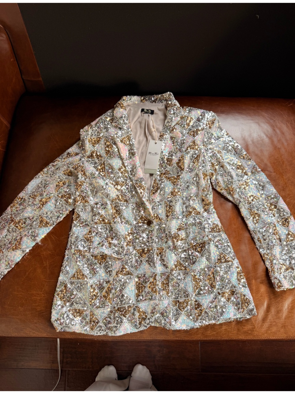 Miss Me Geometric Sequin Fringe Jacket Silver & Gold